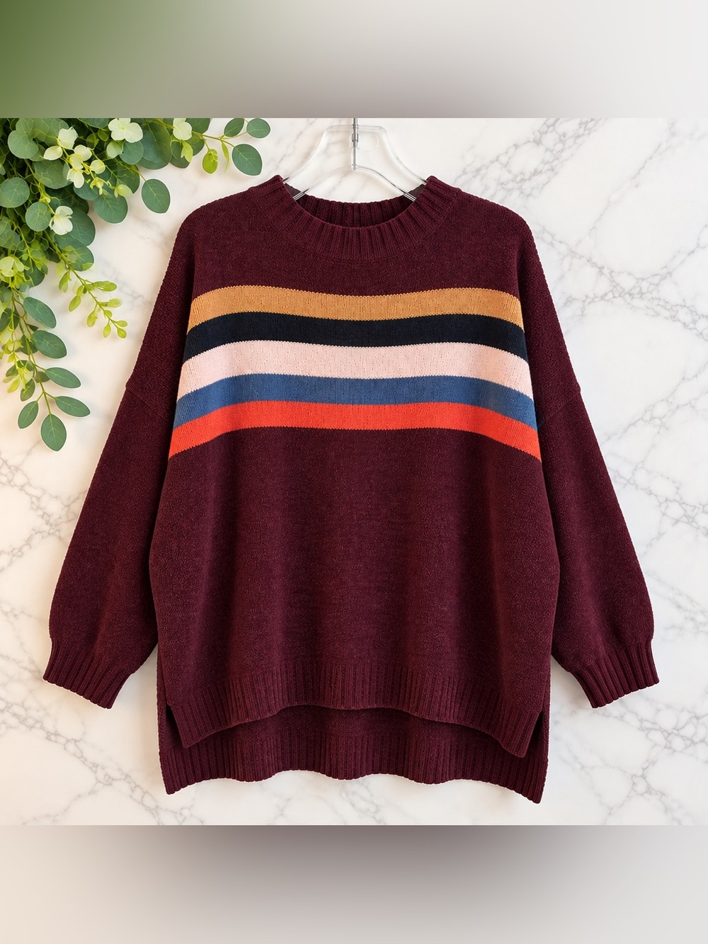 American Eagle L/XL Burgundy Striped Oversized Sweater High Low Hem Fall Casual